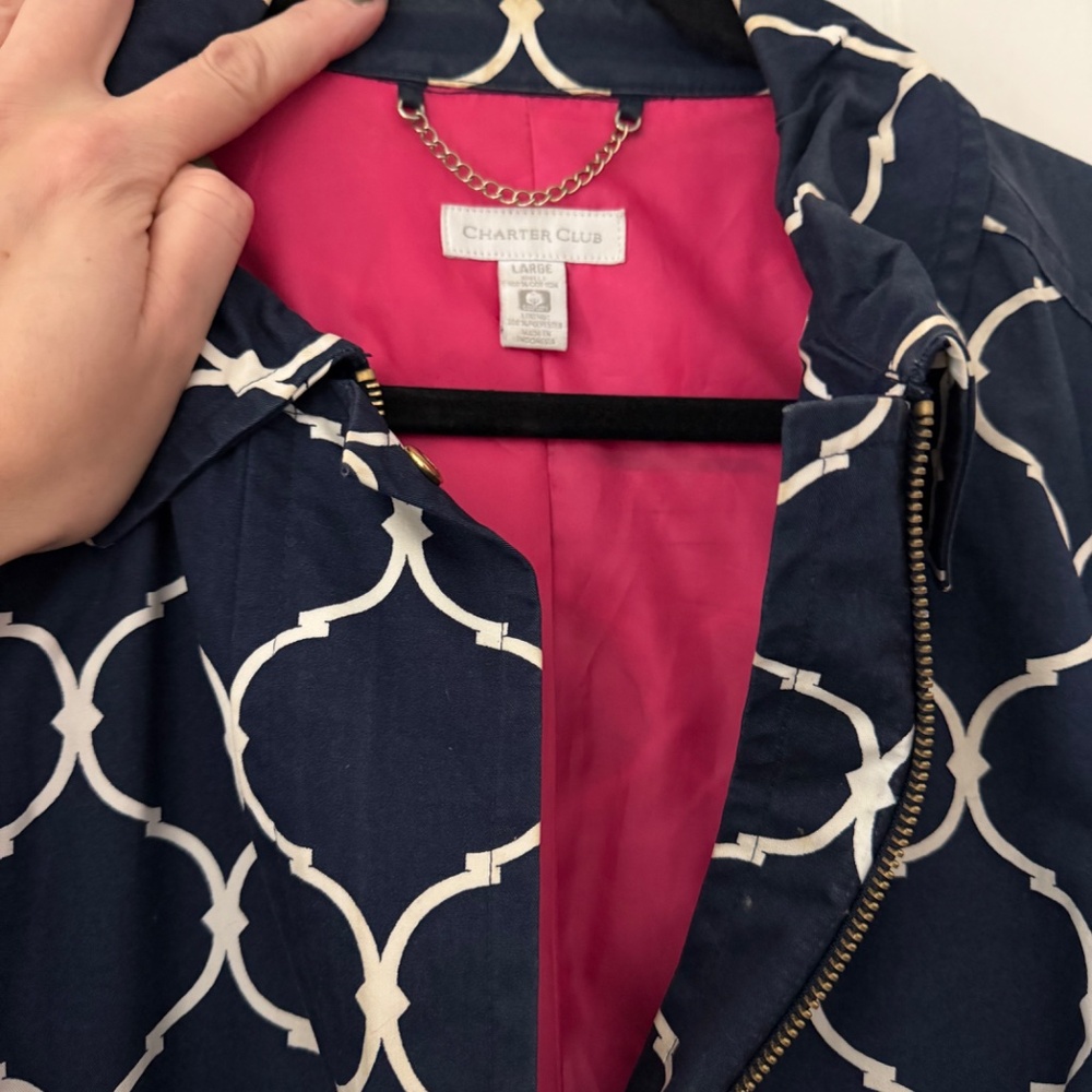 Stylish dark Charter Club Dark Blue and White zippered Patterned Jacket jacket w - Picture 6 of 8